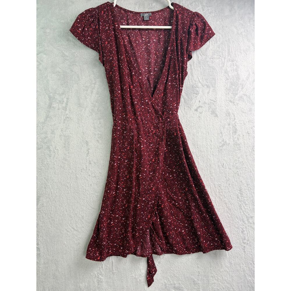 Aerie Burgundy Floral Flutter Sleeve Wrap Dress - Size Small - Picture 6 of 8